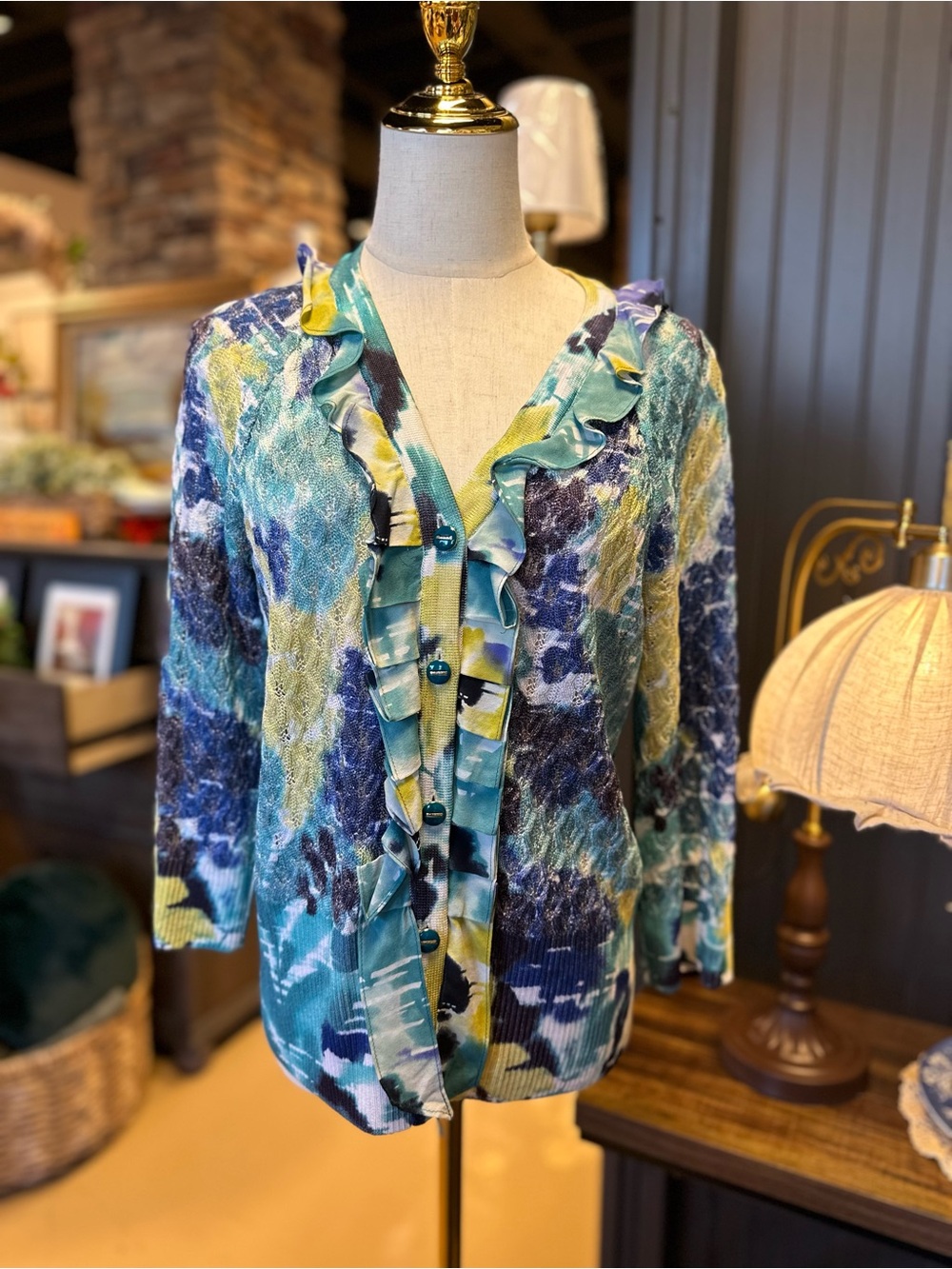 St. John Abstract Print Ruffle Knit Cardigan Sweater Teal Blue Size M